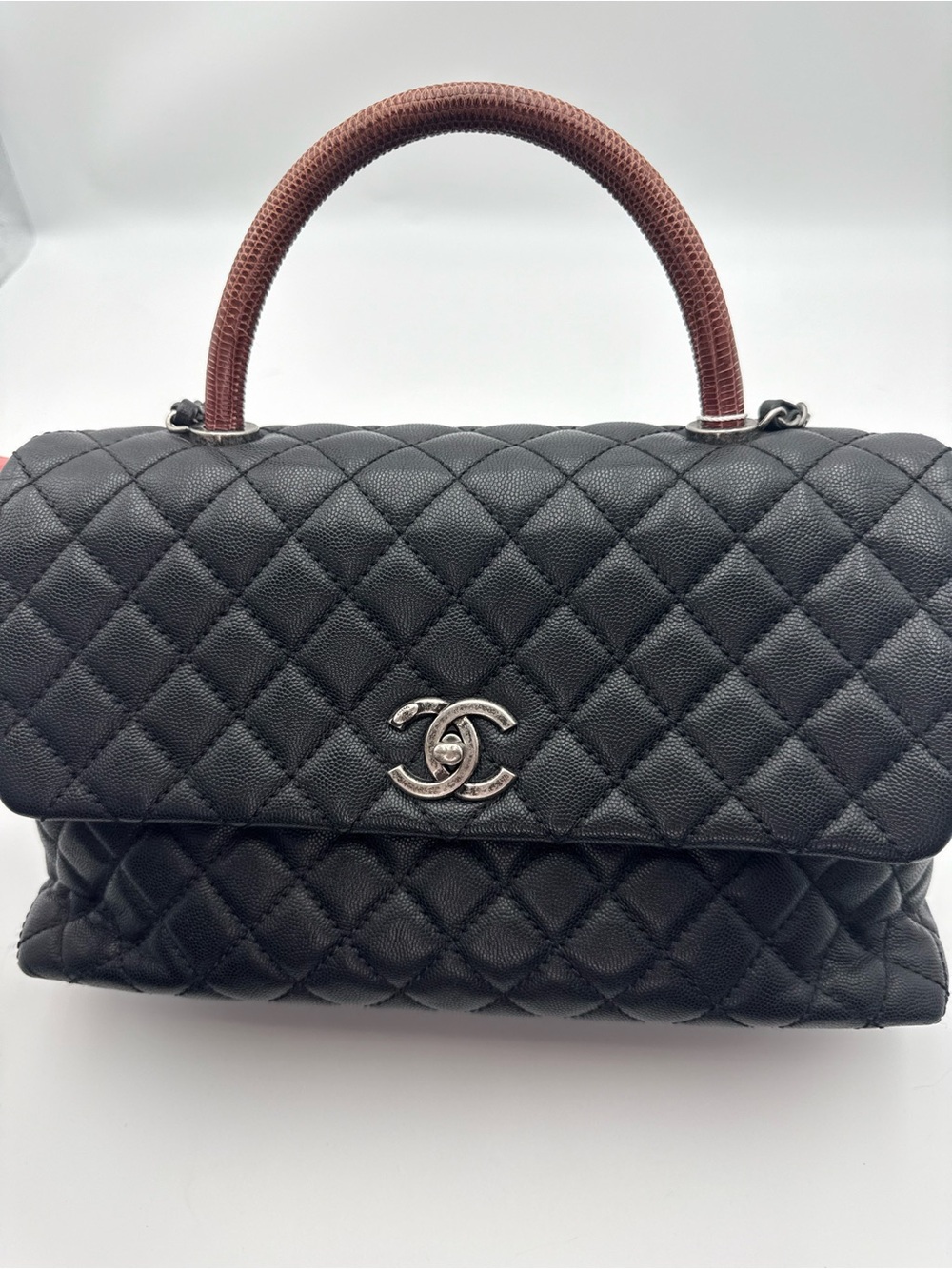 Chanel Black Caviar leather Coco handle with exotic lizard handle